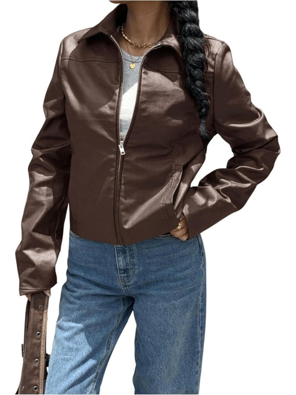 Women's Brown Polyester Vintage Long Sleeve Collar Zip Up Motorcycle Jacket
